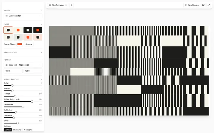 Brand generator interface with a black and white stripe grid pattern and controls for rows, columns and density
