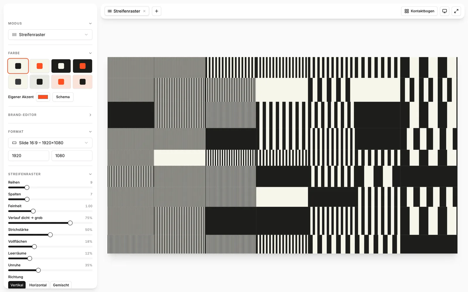 Brand generator interface with a black and white stripe grid pattern and controls for rows, columns and density