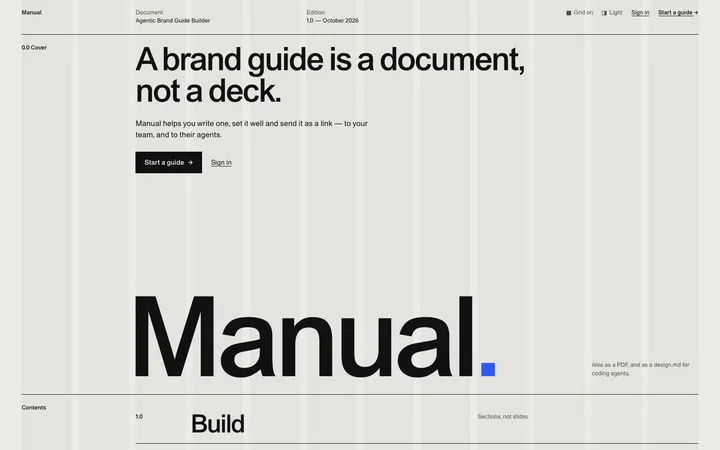 Manual landing page: “A brand guide is a document, not a deck.”