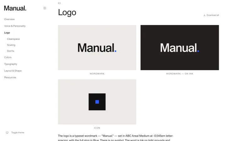 Manual's own brand guide, published: the Logo section with the wordmark on Paper and on Ink, and the icon