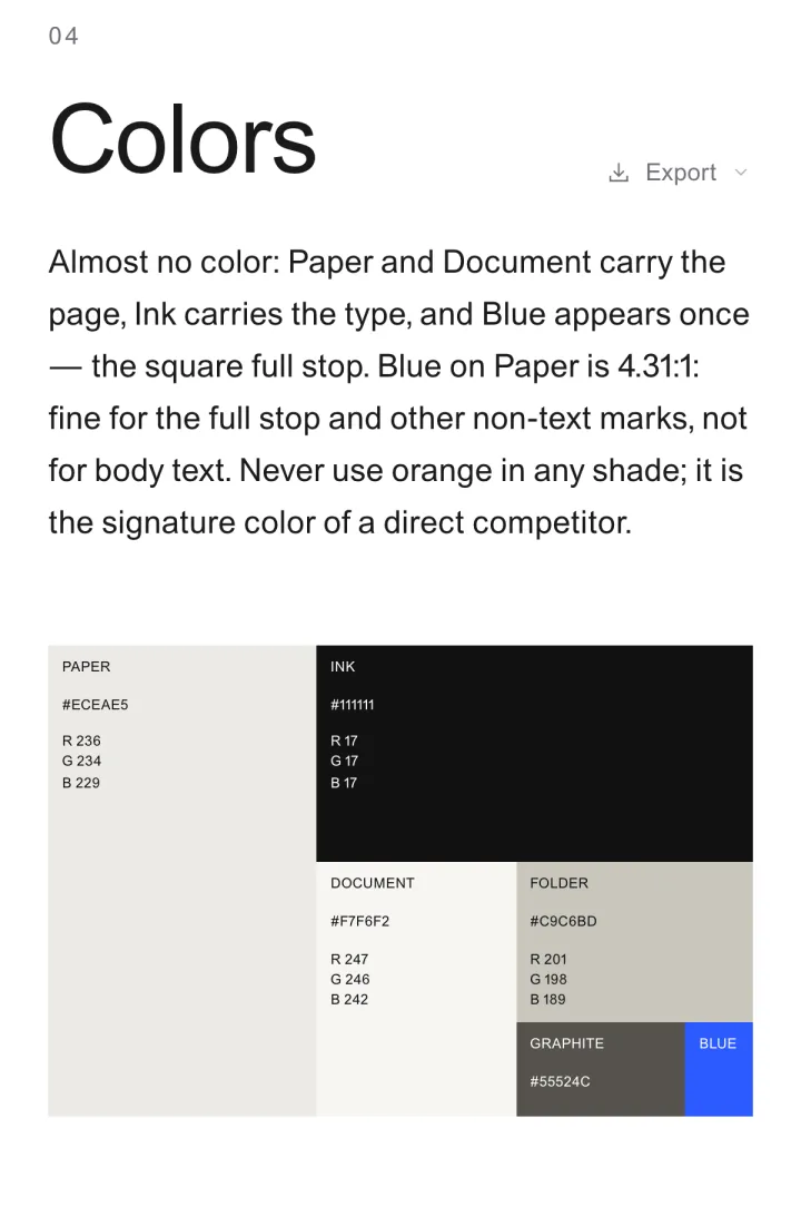 A Manual guide on a phone: the Colors section, with Paper, Ink, Document, Folder, Graphite and Blue as a treemap