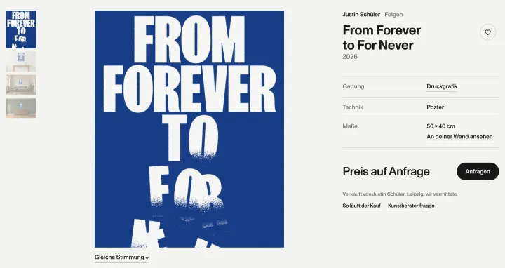 A work page on offene art with Justin's blue From Forever to For Never poster in the viewer, room views beside it, genre, technique, size and an enquiry button on the right