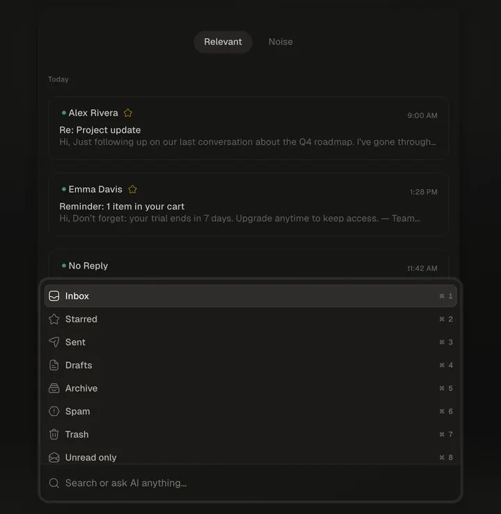 The omou command bar in dark mode, listing Inbox, Starred, Sent and other folders with their shortcuts over a placeholder inbox