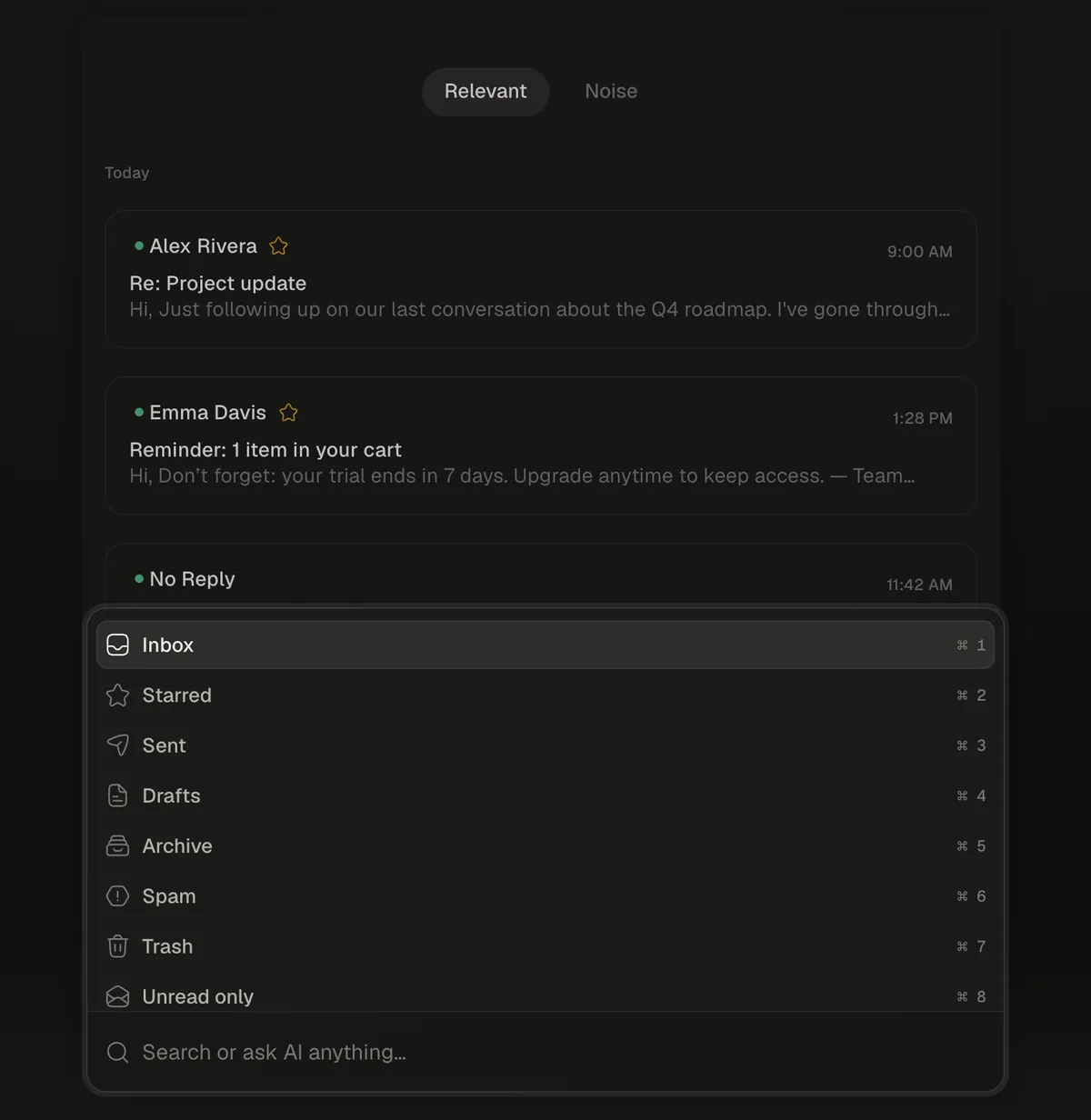 The omou command bar in dark mode, listing Inbox, Starred, Sent and other folders with their shortcuts over a placeholder inbox