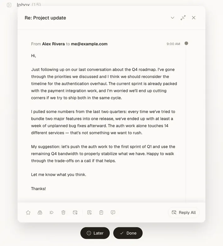 An open demo email in omou's warm reading view, with Later and Done buttons below