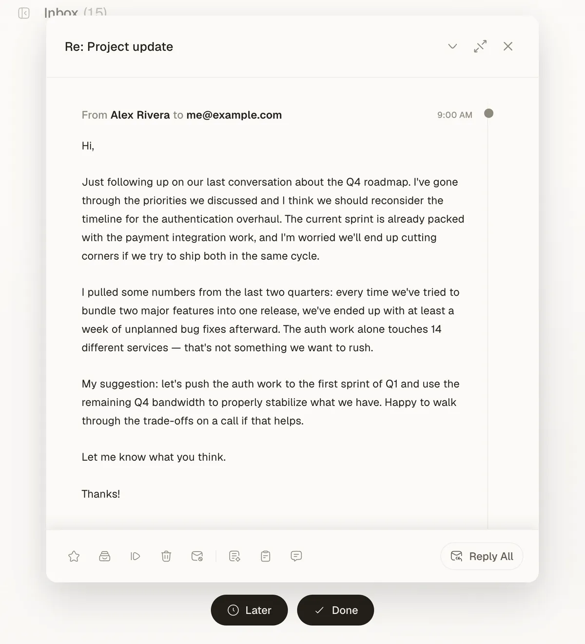 An open demo email in omou's warm reading view, with Later and Done buttons below