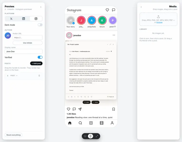 The previews.social editor with an Instagram post rendered in a phone frame between the settings and media panels