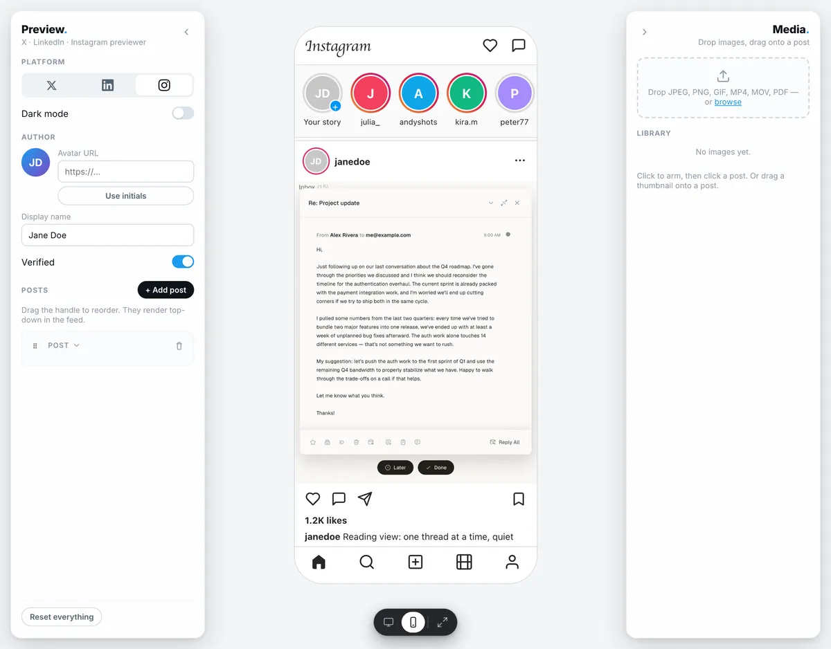 The previews.social editor with an Instagram post rendered in a phone frame between the settings and media panels