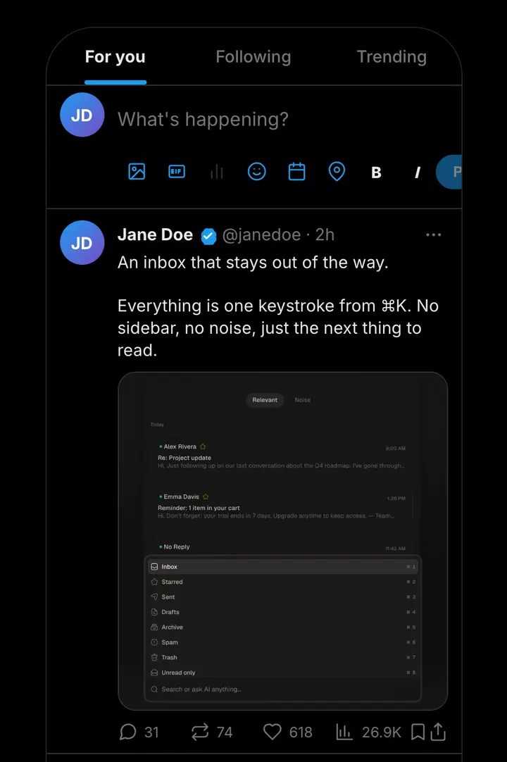 A placeholder post about omou previewed in the X mobile feed, dark mode