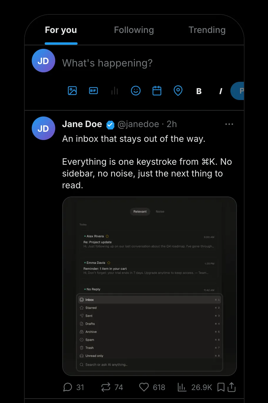 A placeholder post about omou previewed in the X mobile feed, dark mode