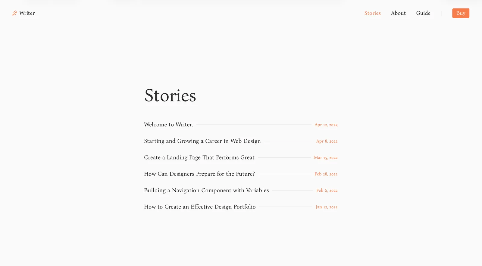 Writer template stories page preview